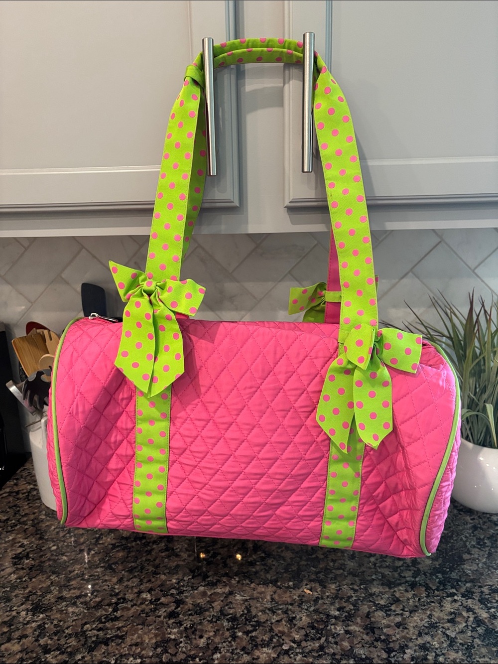 Pink Quilted Duffel Bag with Lime Polka Dot Straps